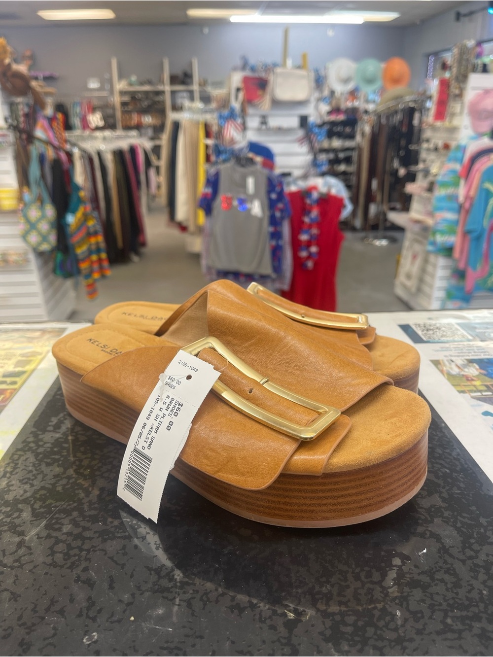 Kelsi Dagger Tan Platform Slide Sandals with Gold Buckle